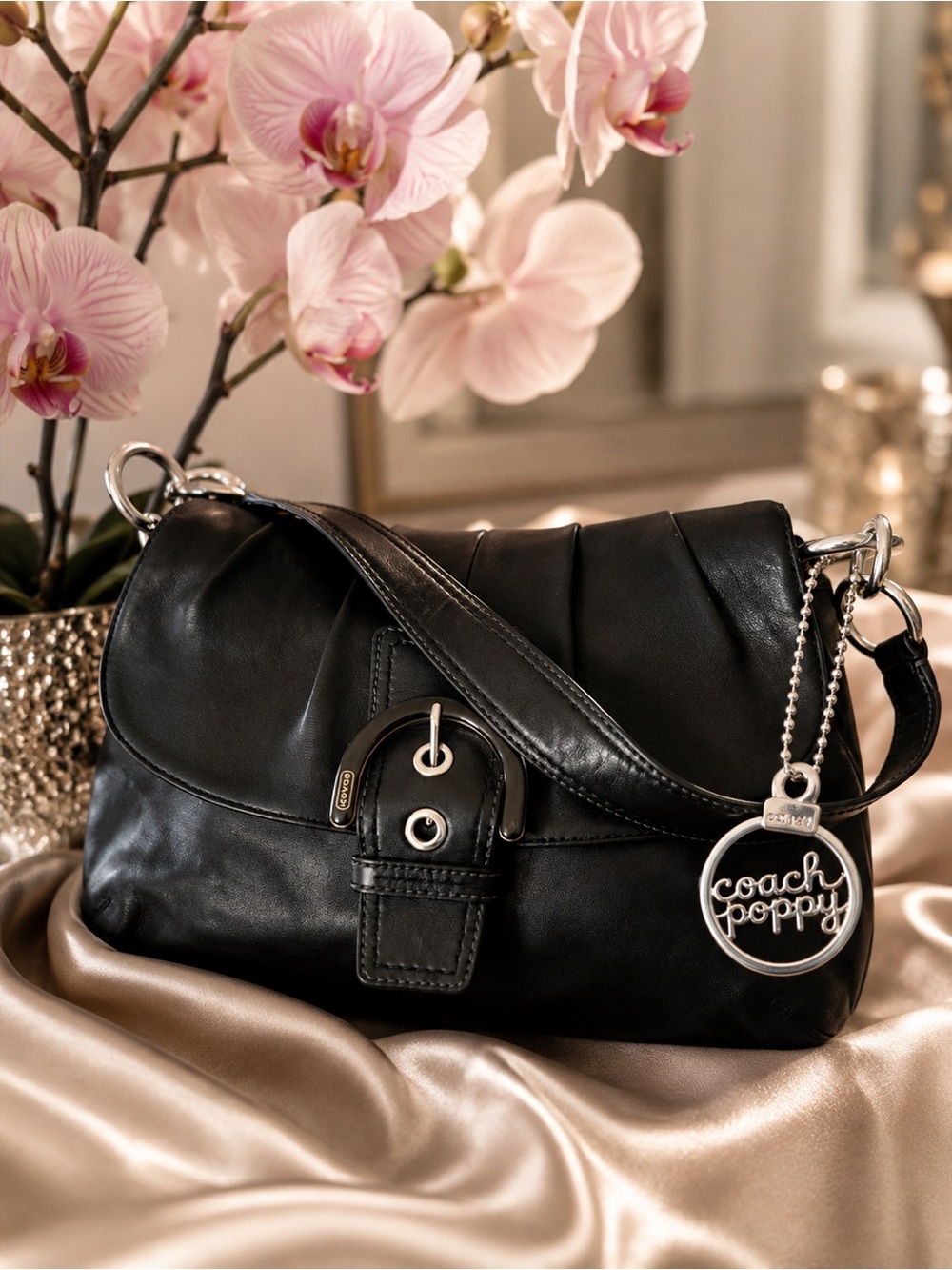 Coach Poppy Bag Charm in Silver Tone On Coach SoHo Bag  Y2K Hangtag Charm